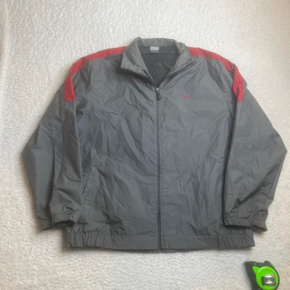 Y2K Nike men's grey red full zip track jacket light lined‎ loose boxy L